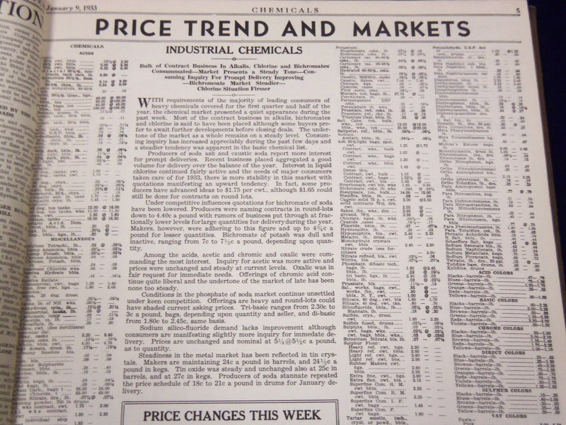 1933 JAN-DEC CHEMICALS MAGAZINE BOUND VOLUME PRICE TRENDS IMPORTS ADS - KD 661