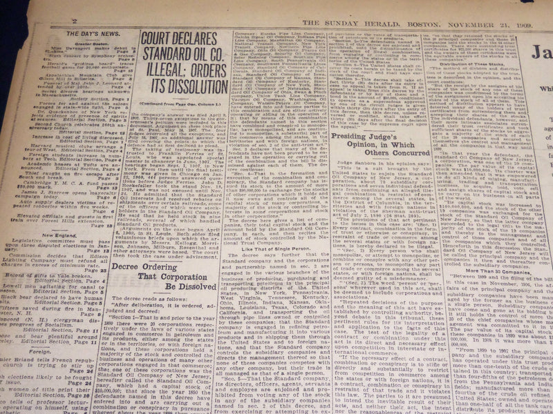 1909 NOV 21 THE BOSTON HERALD - COURT DECLARES STANDARD OIL CO. ILLEGAL - BH 394