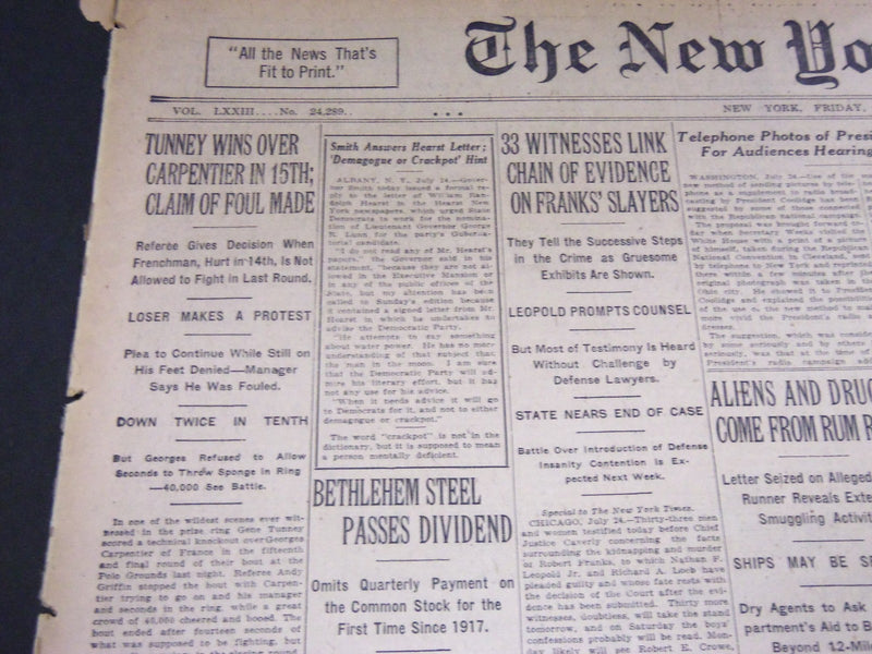 1924 JULY 25 NEW YORK TIMES - TUNNEY WINS OVER CARPENTIER IN 15TH - NT 5043