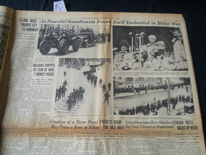 1940 APRIL 10 PHILADELPHIA RECORD NEWSPAPER - GREAT SEA BATTLE RAGES - NT 7248