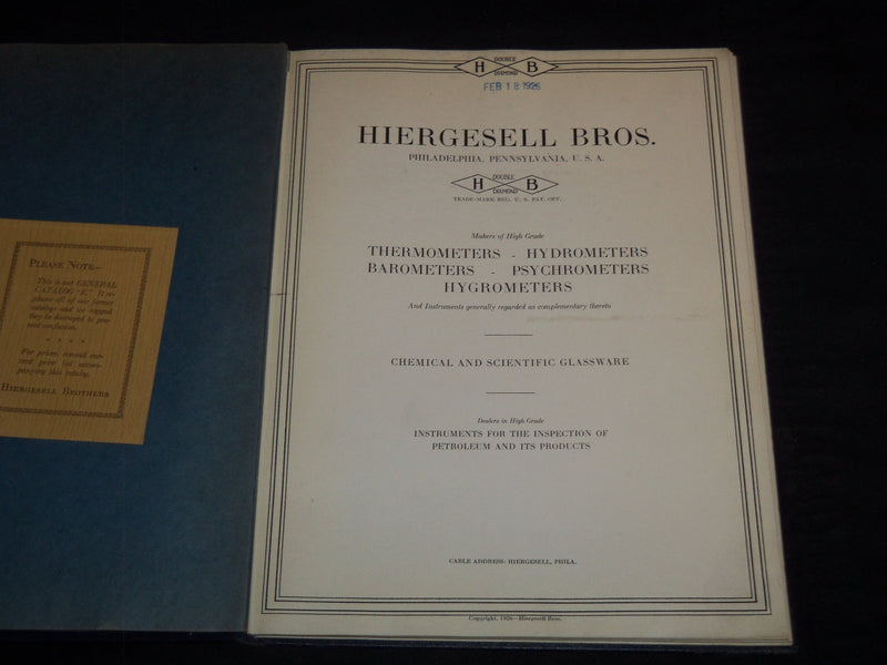1926 HIERGESELL BROTHERS GENERAL SCIENTIFIC INSTRUMENTS CATALOG E - KD 3911F