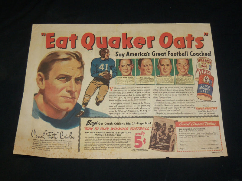1945 QUAKER OATS FOOTBALL COLOR COMIC ADS LOT OF 3 - CRISLER - CRAVATH - NP 5382