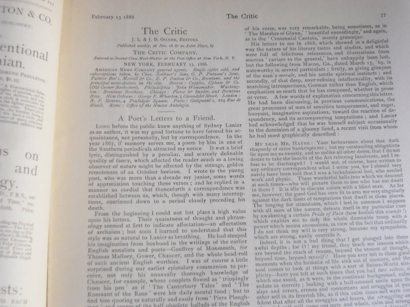 1886 THE CRITIC MAGAZINE LOT OF 25 PLUS INDEX -GREAT REVIEWS & ARTICLES- WR 559R