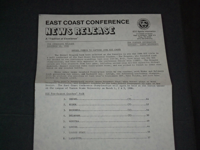 1985-1986 EAST COAST CONFERENCE BASKETBALL MEDIA GUIDE - J 3778