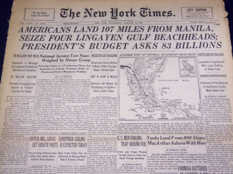 1945 JAN 10 NEW YORK TIMES - AMERICANS LAND 107 MILES FROM MANILA - NT 539