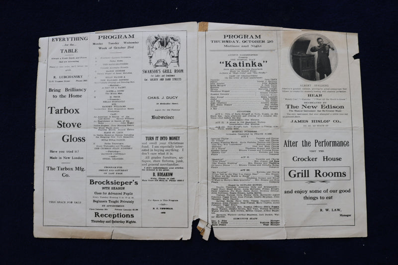 1916 LYCEUM THEATRE PROGRAM-LESS THAN DUST-MARY PICKFORD-NEW LONDON, CT - K 1459