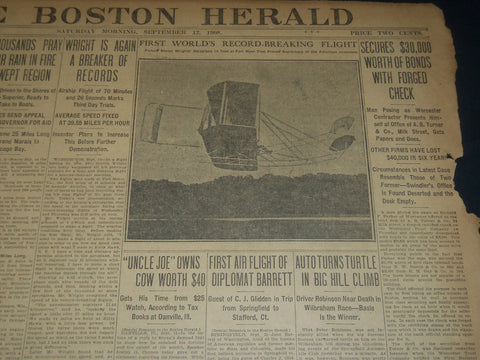 1908 SEPTEMBER 12 THE BOSTON HERALD - WRIGHT AGAIN BREAKS RECORD - BH 307