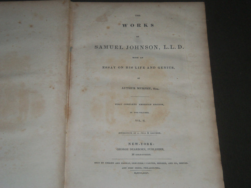 1835 THE WORKS OF SAMUEL JOHNSON IN 2 VOLUMES BY AUTHUR MURPHY - KD 4341
