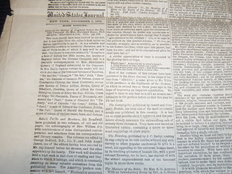 1854 DECEMBER UNITED STATES JOURNAL NEWSPAPER - JOSIAH WINSLOW - NP 3878L