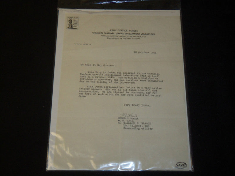 1945 M. I. T. ARMY SERVICE FORCES TYPED LETTER SIGNED BY HOWARD HUNTER - J 5468