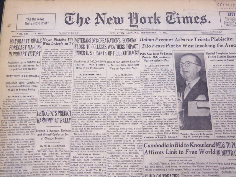 1953 SEPT 14 NEW YORK TIMES - MAYORALTY RIVALS FORECAST PRIMARY VICTORY- NT 4460
