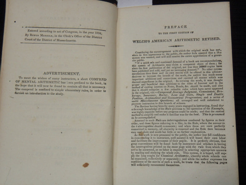 1846 WELCH'S IMPROVED AMERICAN ARITHMETIC BOOK COMPILED BY OLIVER WELCH - K 2195