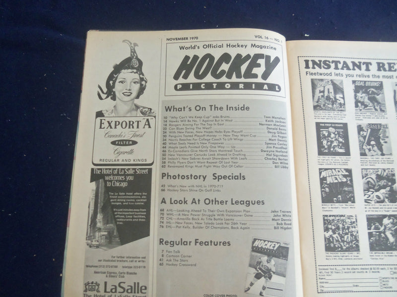 1970 NOVEMBER HOCKEY PICTORIAL MAGAZINE - CAROL VADNAIS COVER - ST 200V