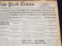 1920 JULY 15 NEW YORK TIMES - COX RETORTS TO HARDING ON LEAGUE - NT 9330