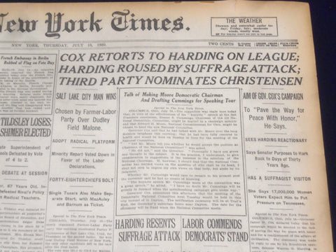 1920 JULY 15 NEW YORK TIMES - COX RETORTS TO HARDING ON LEAGUE - NT 9330