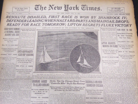 1920 JULY 16 NEW YORK TIMES - RESOLUTE DISABLED, SHAMROCK WON RACE - NT 5368