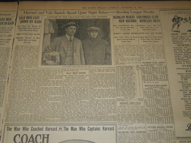 1911 NOVEMBER 25 THE BOSTON HERALD - HARVARD - YALE ELEVENS MEET TODAY - BH 192