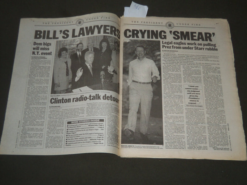 1998 SEPT 13 NEW YORK DAILY NEWS BILL FIGHTS BACK - BLASTS STARR REPORT- NP 2604