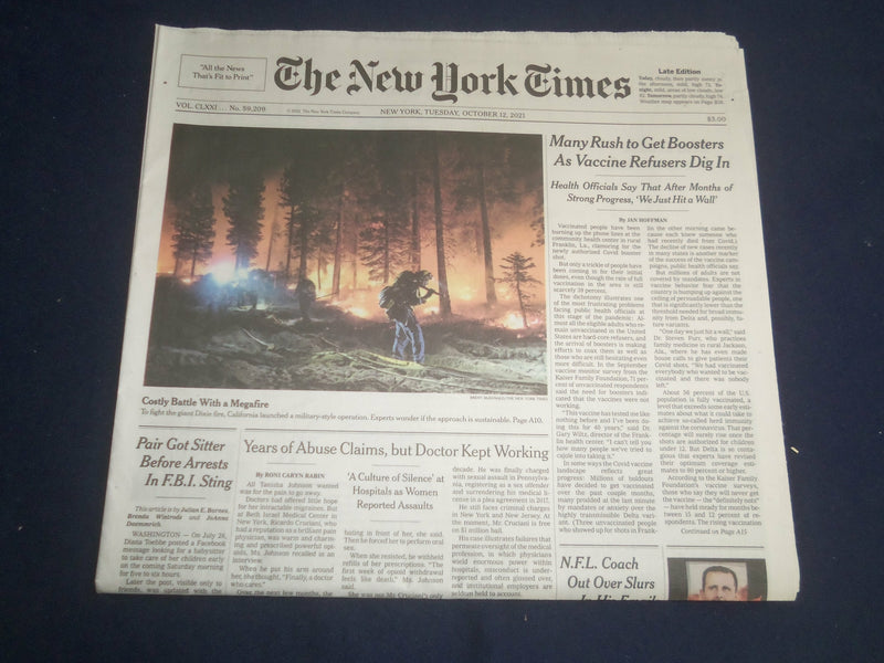 2021 OCT 12 NEW YORK TIMES-MANY RUSH TO GEWT BOOSTERS AS VACCINE REFUSERS DIG IN
