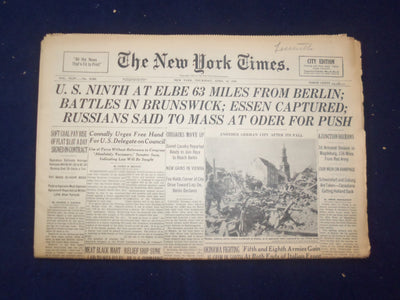 1945 APRIL 12 NEW YORK TIMES - U.S. NINTH AT ELBE 63 MILES FROM BERLIN - NP 6693