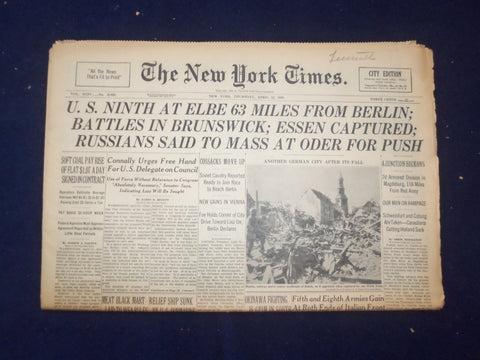 1945 APRIL 12 NEW YORK TIMES - U.S. NINTH AT ELBE 63 MILES FROM BERLIN - NP 6693