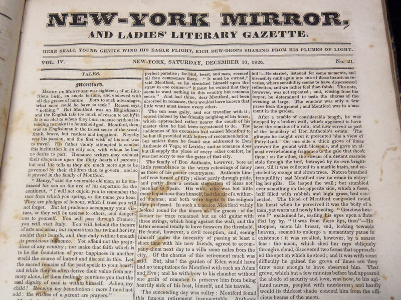 1826-1827 NEW YORK MIRROR AND LADIES GAZETTE BOUND VOLUME NO. 4 - KD 4675N