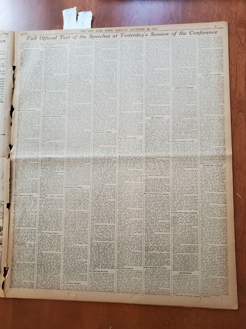 1921 NOV 22 NEW YORK TIMES NEWSPAPER-FRANCE NOT TO DEFEND LIBERTY ALONE -NT 8006