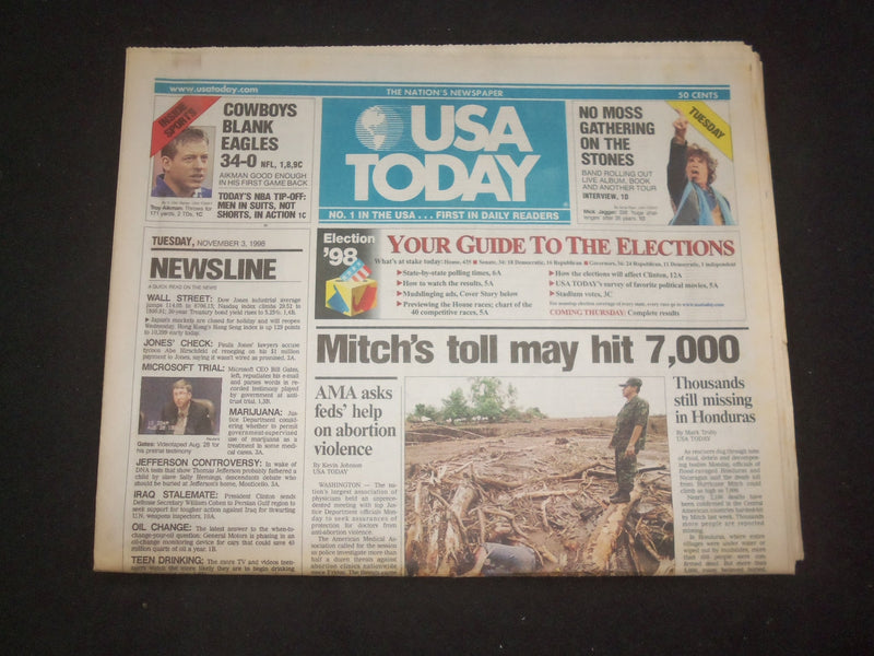 1998 NOVEMBER 3 USA TODAY NEWSPAPER-HURRICANE MITCH'S TOLL MAY HIT 7,000-NP 7962