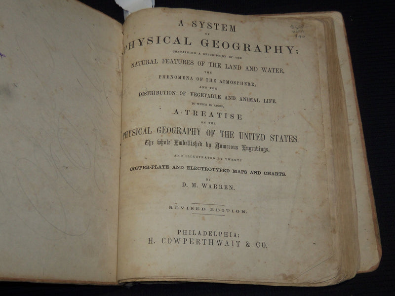 1863 WARREN'S A SYSTEM OF PHYSICAL GEOGRAPHY BOOK - COLOR MAPS - KD 2951E