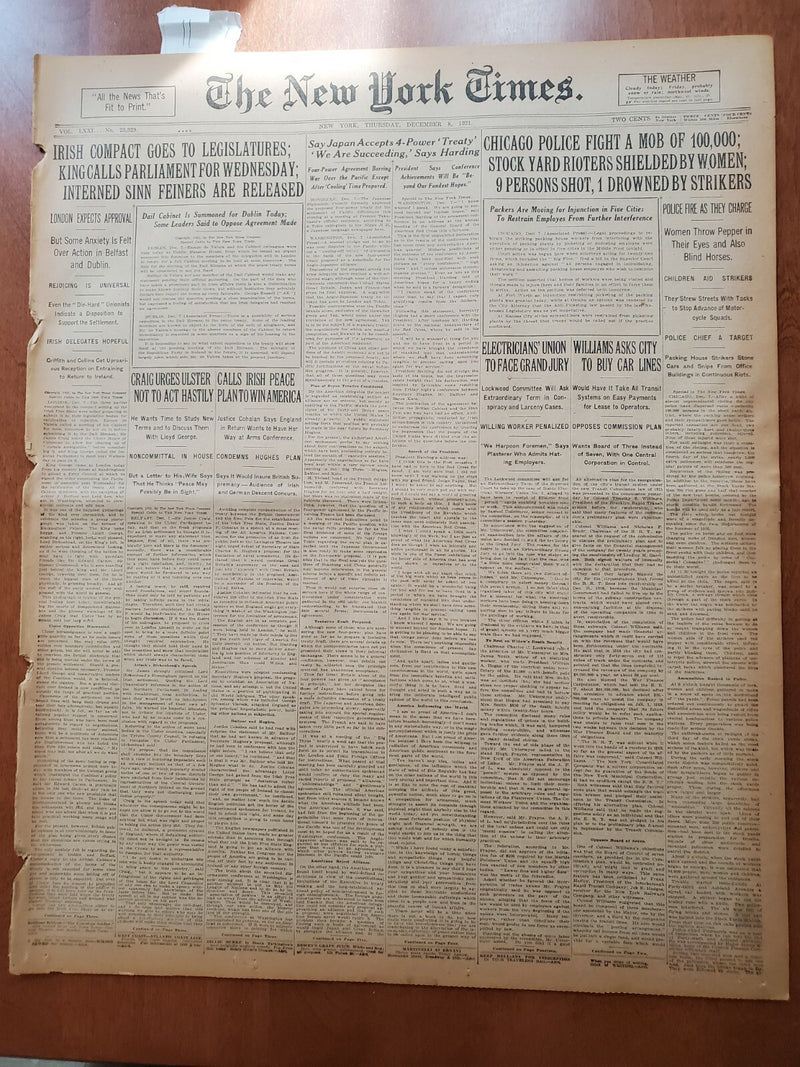 1921 DECEMBER 8 NEW YORK TIMES - CHICAGO POLICE FIGHT MOB OF 100,000 - NT 8036