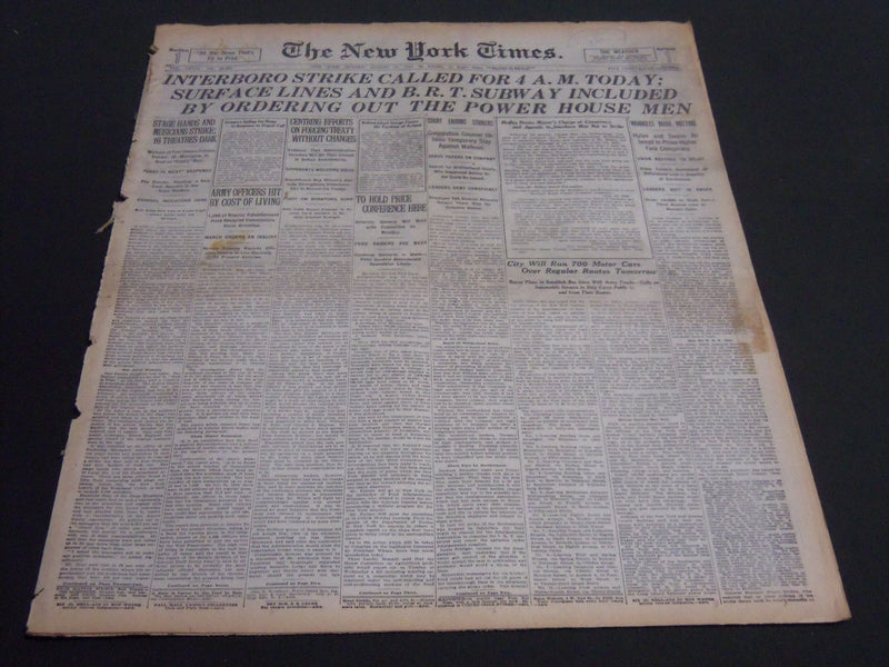 1919 AUGUST 17 NEW YORK TIMES - INTERBORO STRIKE CALLED FOR 4AM TODAY - NT 6958