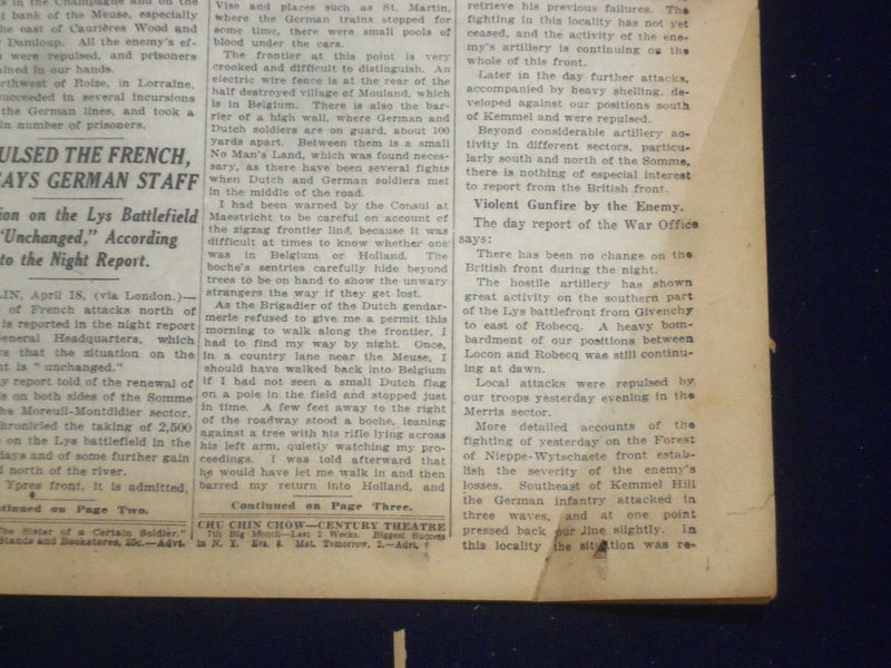 1918 APRIL 19 NEW YORK TIMES - FRENCH ARMY ARRIVES, GERMANS HALTED - NT 8223