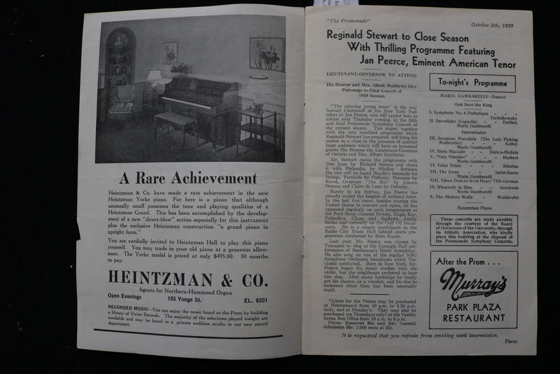1939 OCTOBER 5 THE PROMENADE PROGRAM - MARIA GAMBARELLI - TORONTO - K 1824