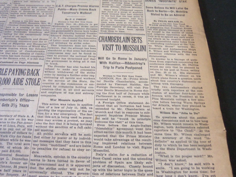 1938 NOVEMBER 29 NEW YORK TIMES - CHAMBERLAIN SETS VISIT TO MUSSOLINI - NT 6233