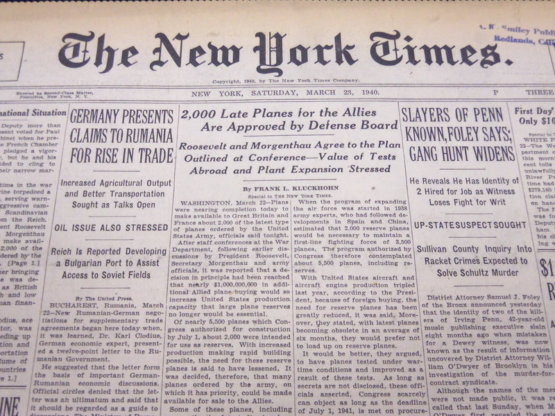 1940 MAR 23 NEW YORK TIMES NEWSPAPER - 2000 LATE PLANES FOR THE ALLIES - NT 46