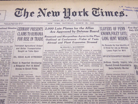 1940 MAR 23 NEW YORK TIMES NEWSPAPER - 2000 LATE PLANES FOR THE ALLIES - NT 46