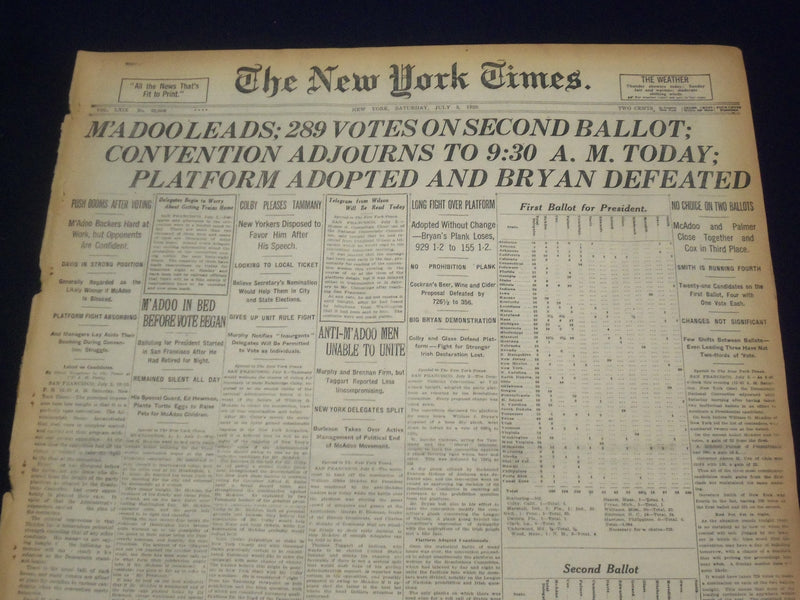 1920 JULY 3 NEW YORK TIMES - M'ADOO LEADS, 289 VOTES ON SECOND BALLOT - NT 9319