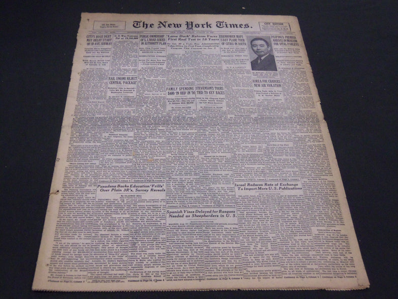 1952 AUGUST 18 NEW YORK TIMES - EISENHOWER MAPS 2 DAY PLANE TOUR - NT 4537