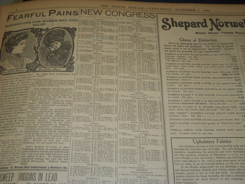 1906 NOVEMBER 7 THE BOSTON HERALD - GUILD WINS - HUGHES HAS LEAD - BH 138