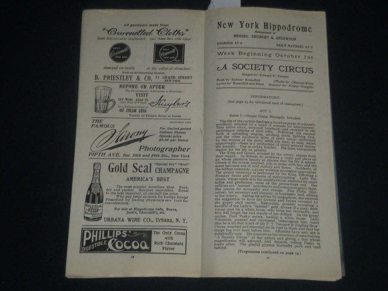 1906 NEW YORK HIPPODOME A SOCIETY CIRCUS PROGRAM - NICE ADS - J 4223