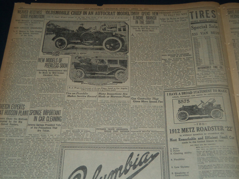 1912 APRIL 7 SAN FRANCISCO CHRONICLE SUNDAY AUTOMOBILE SECTION - NT 7611