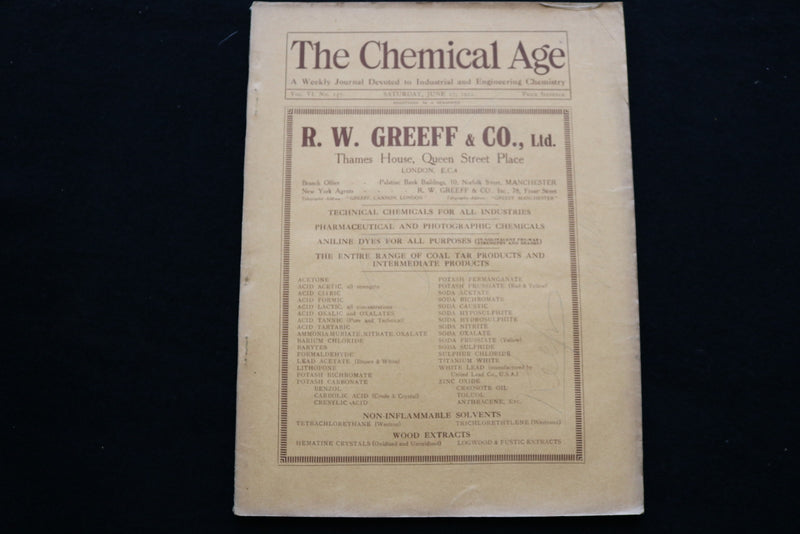1922 JUNE 17 THE CHEMICAL AGE MAGAZINE - R.W. GREEFF & CO. COVER - SP 4924B