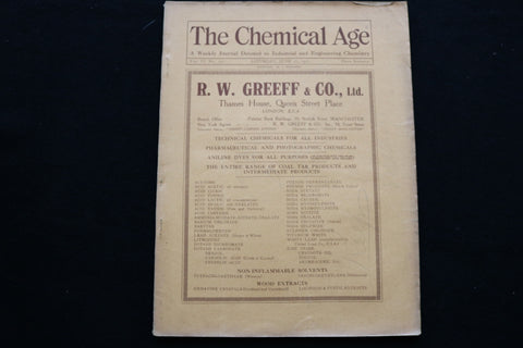 1922 JUNE 17 THE CHEMICAL AGE MAGAZINE - R.W. GREEFF & CO. COVER - SP 4924B