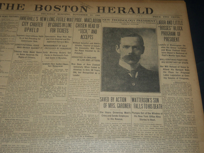 1908 NOV 12 THE BOSTON HERALD - RICHARD MACLAURIN NEW M. I. PRESIDENT - BH 248