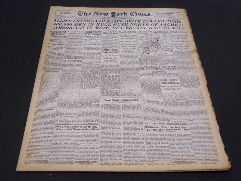 1944 NOV 19 NEW YORK TIMES - ALLIES ENTER SAAR BASIN, DRIVE TO RUHR - NT 4312