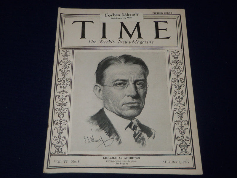 1925 AUGUST 3 TIME MAGAZINE - LINCOLN C. ANDREWS COVER - T 47