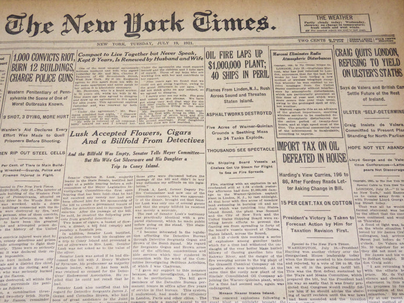 1921 JULY 19 NEW YORK TIMES NEWSPAPER - LINDEN NEW JERSEY OIL FIRE - NT 8715