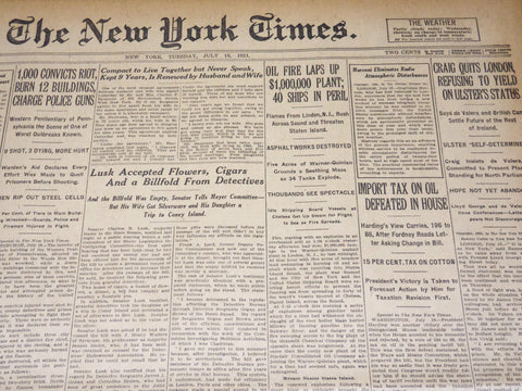 1921 JULY 19 NEW YORK TIMES NEWSPAPER - LINDEN NEW JERSEY OIL FIRE - NT 8715