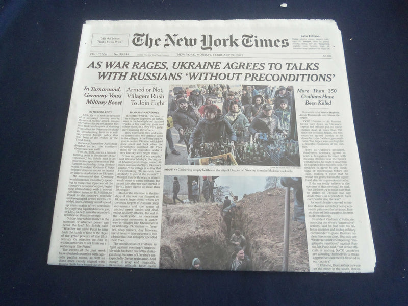 2022 FEBRUARY 28 NEW YORK TIMES - WAR RAGES, UKRAINE AGREES TO TALKS WITH RUSSIA