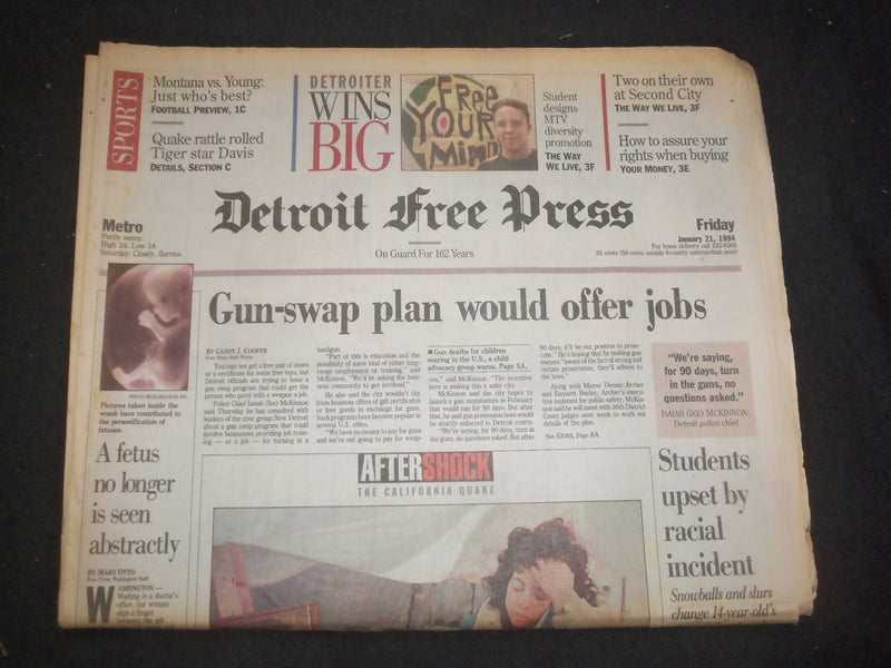 1994 JAN 21 DETROIT FREE PRESS NEWSPAPER-GUN-SWAP PLAN WOULD OFFER JOBS- NP 7700